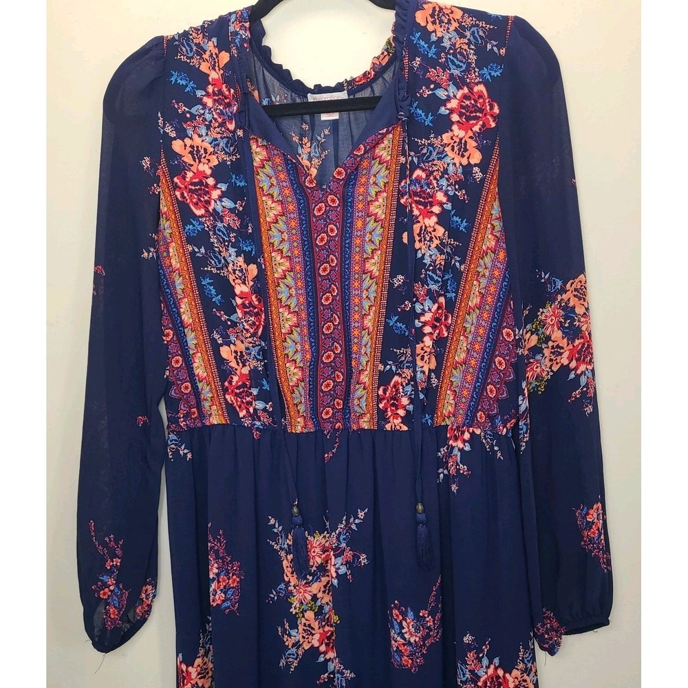 Xhilaration Floral Maxi Dress Womens L Blue Boho CottageCore Long Sleeves - Picture 3 of 6